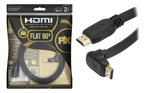 Cabo Hdmi 2.0 90 Graus 4k Hdr 19p 2m Pix Flat Gold, Preto