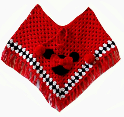 Poncho Minnie Rojo Tejido Mano Crochet Lana Niña 5-7 Años