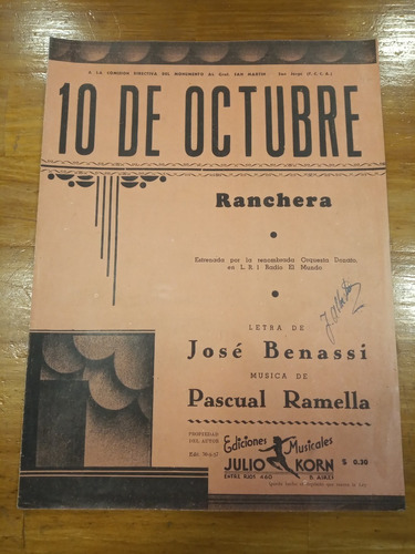 10 De Octubre Benassi Ramella Ranchera Partitura