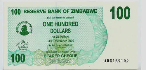 Fk Billete Zimbabwe 100 Dolares 2006 P-42 Sin Circular