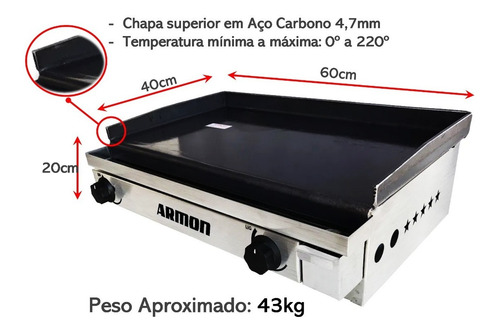 Imagem 2 de 6 de Chapa À Gás Para Lanche Hambúrguer Hot Dog 40x60cm Inox Prof