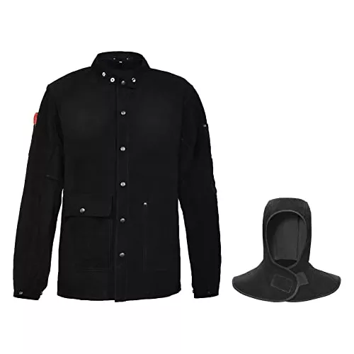 Chaqueta de soldadura de cuero negro con capucha, chaquetas de seguridad de  trabajo de piel de vaca dividida FR resistente, chaquetas de soldador para