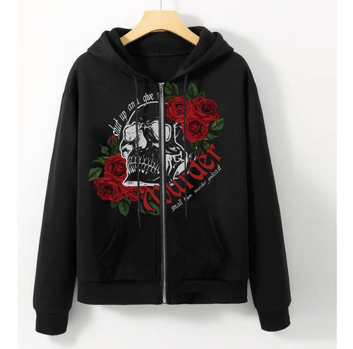 Dama's Oversized Sweatshirt Skull Print Full Zip Up Long