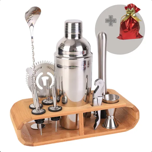 Kit Homebar 12 Peças Inox Suporte Madeira Coqueteleira 550ml