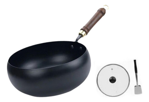 . Olla De Hierro Wok Con Fondo Redondo, Cubierta De Madera