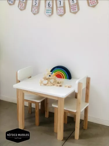 Elegante mesa y silla infantil colores blanco y madera