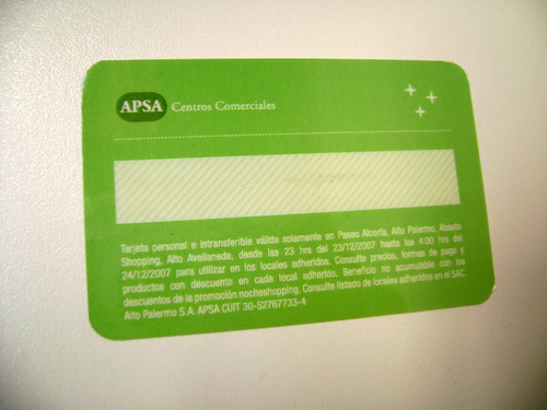 Tarjeta Noche Shopping Alto Palermo Paseo Alcorta Desc Boedo (Usado)