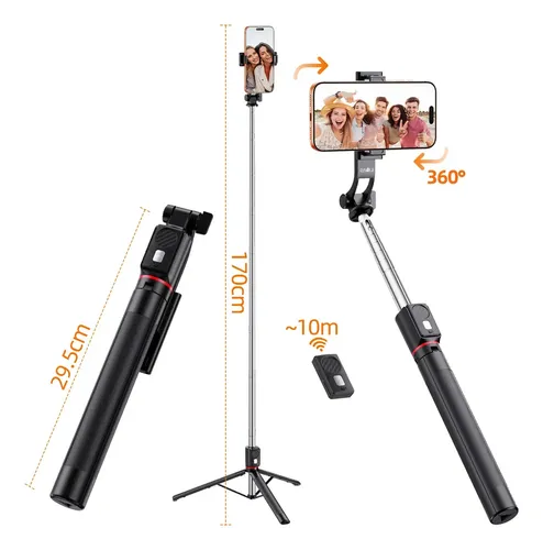 Tripé de Celular 1.7M Bastão de Selfie com Controle Remoto Destacável Suporte 360° Rotação Extensível Universal Cor Preto Inova