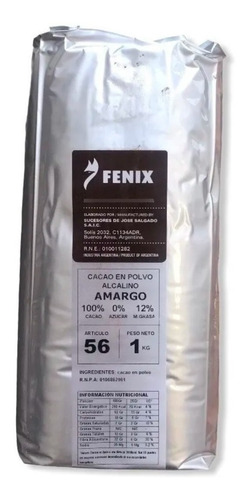 Cacao En Polvo Amargo Alcalino Fenix 1 Kg. 56 10/12%