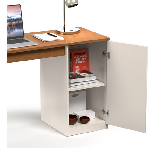 Mesa Escrivaninha Paris Com Gaveteiro Para Pc E Computador Cor Canela Branco