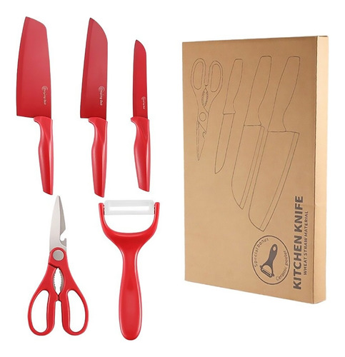 Set De Cocina 3 Pzs Rojo Pelador, Tijeras Y Cuchillos