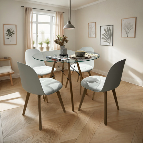 Juego Comedor Mesa Eames Vidrio 100cm + 4 Sillas Oslo Tulip Blanco Liso