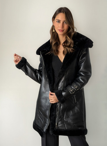 Tapado Gamulan Ecocuero Largo Mujer Elegante Para Fiesta