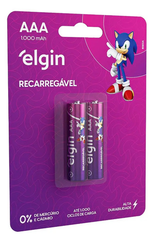 02 Pilhas Aaa 1000mah Recarregável Elgin 01 Cart. C/ 2 Unid