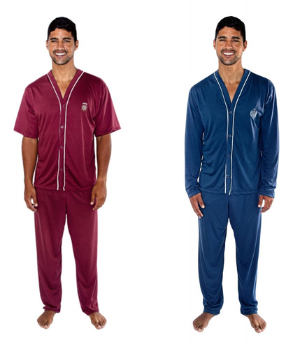 Kit Com Dois Pijamas Calça Comprida Abertura Por Botões