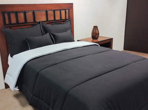 Edredón Matrimonial Set 9 Pzas Doblé Vista Negro/gris Claro Negro Liso