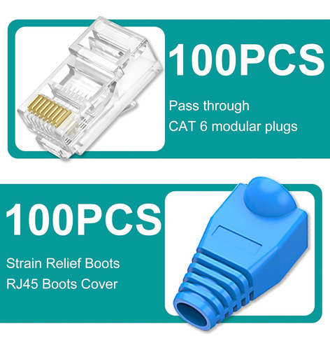 Gitifo® Conectores Rj45 Pass Through Plug Cat 6 100pz Modular Plug Con 100pz Cubierta De Botas Rj45 Para Cable De Ethernet Red Utp Cat 6/cat 5e Trenzados O Sólidos