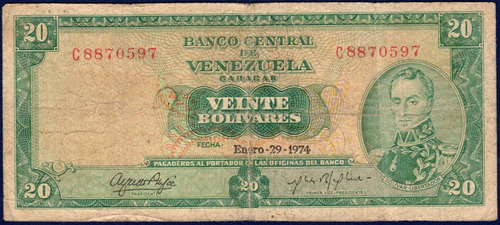 Billete De 20 Bolívares C7 Enero 29 De 1974 Simón Bolívar