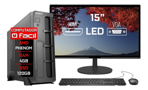 Imagem 1 de 7 de Pc Completo Slim Fácil Amd Phenom 4gb Ssd 120gb Monitor 15