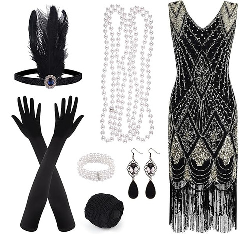 1920s Sequin Beaded Fringed Flapper Dress With 20s Set