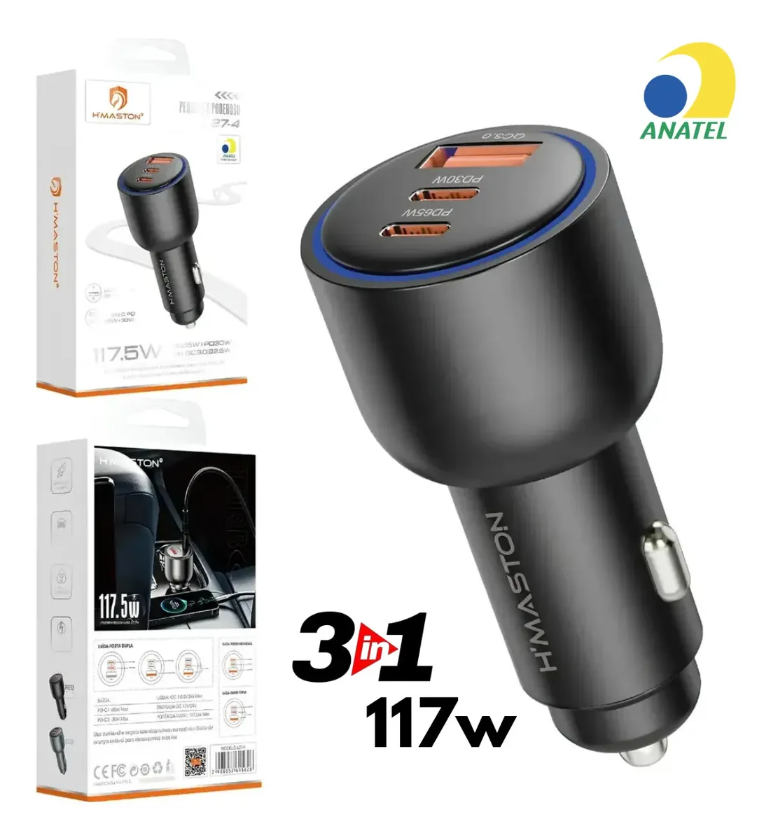 Carregador Veicular Carro Turbo 117.5W 3 Saidas Usb e Tipo C Carrega 3 Celulares Juntos Compatível Android Galaxy iOS Iphone Super Rápido - Inv Tech