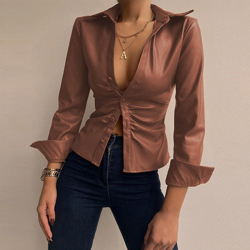 Blusa Clásica De Color Sólido Para Mujer, Solapa Con Botones