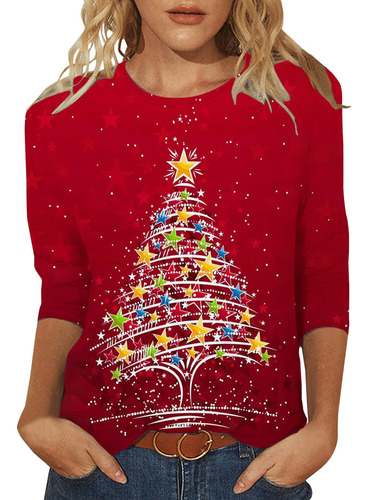 Blusa Holgada De Manga Tres Cuartos Con Estampado Navideño P