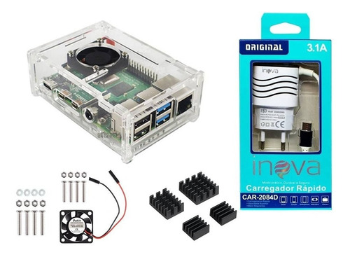 Fonte 3.1a Para Raspberry Pi4 + Case + Cooler+ Dissipadores.