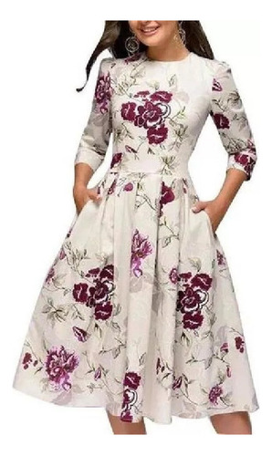 Elegante Vestido Floral Con Escote Redondo