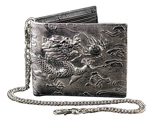 Cartera De Cuero Gris Con Cadena Para Hombre Diseño Vintage