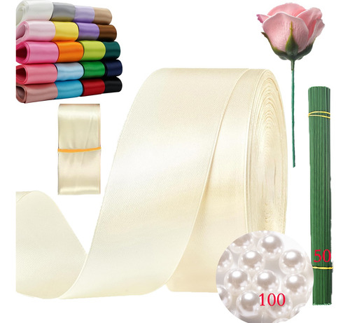 10 Rolls Listón 225 Metros Satinado Para Diy Decoracion 38mm Champán Blanco