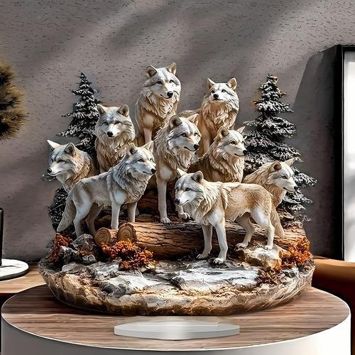 Pack 2d Wolf Pack Acrílico Placa Decorativa Animal Con Base