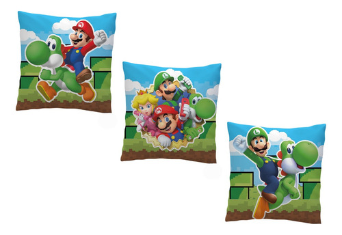 3 Almohadones 30x30 Mario Bros Nintendo Luigi 