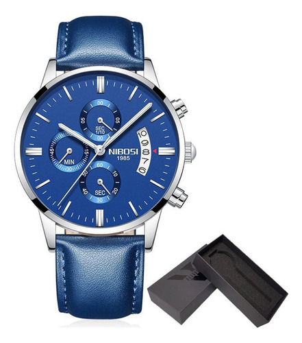 De Reloj Nibosi Chronograph Luminous De Cuero Fondo Azul