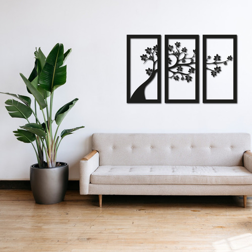 Cuadro Triptico Calado Madera Moderno Decoracion Arbol Vida Color Negro