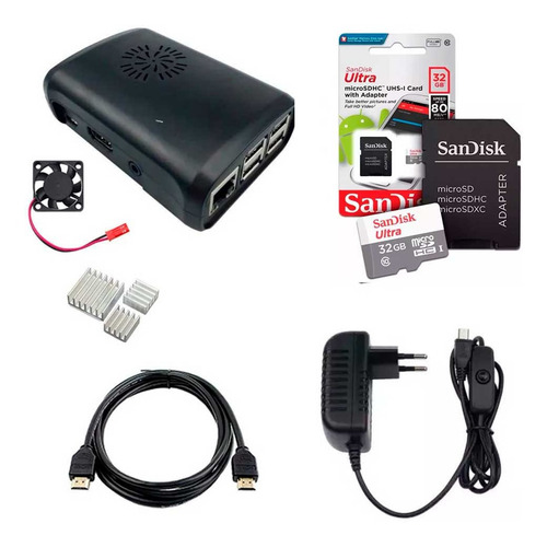 Fonte On/off+ Case, Cooler P/raspberry Pi3 B B+, Hdmi + 32gb