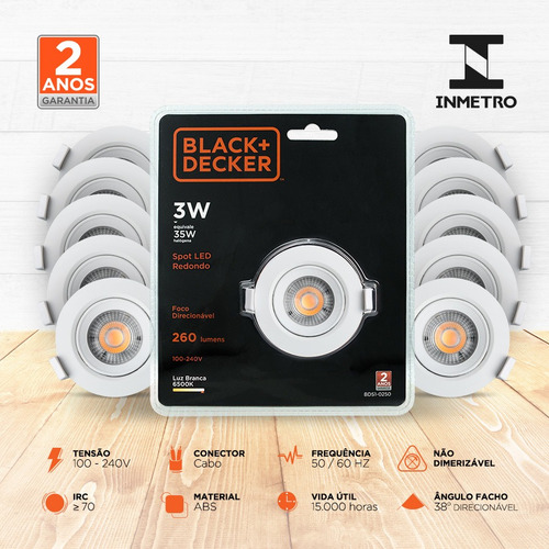 Kit 20 Spot Led 3w Branca Redondo - Black + Decker