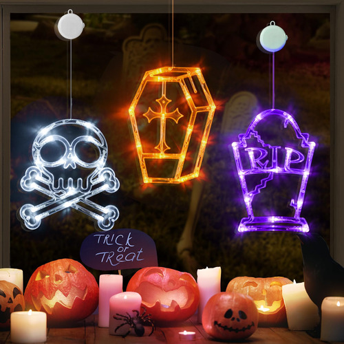 Luces Led Halloween Lapida Calavera Ataud Para Ventana 3 Pzs