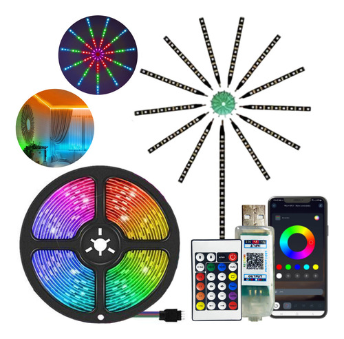 Combo Led Tira 5050 + Tira Circular Fuego Artificial Usb App Luz RGB