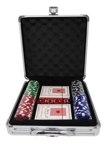 Kit Jogo Poker Maleta Alumínio 100 Fichas 2 Baralhos 5 Dados