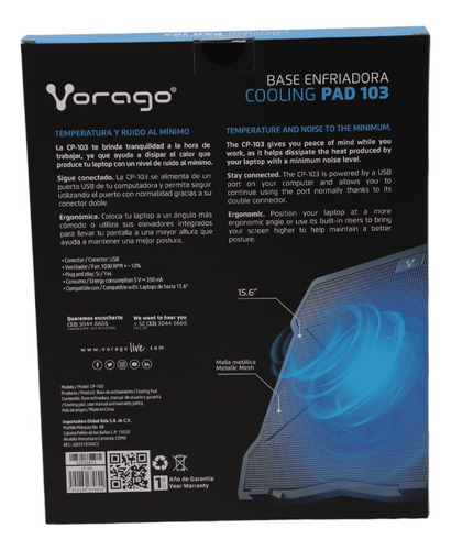 Vorago CP-301 Base Enfriadora Ajustable USB 5 Posiciones 4 Ventiladores Ligero Hasta 17 Pulgadas 6 Niveles Ventilador