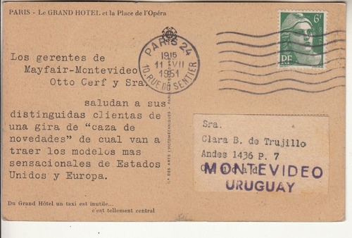 1951 Postal Saludos De Mayfair Montevideo Gran Hotel Paris 
