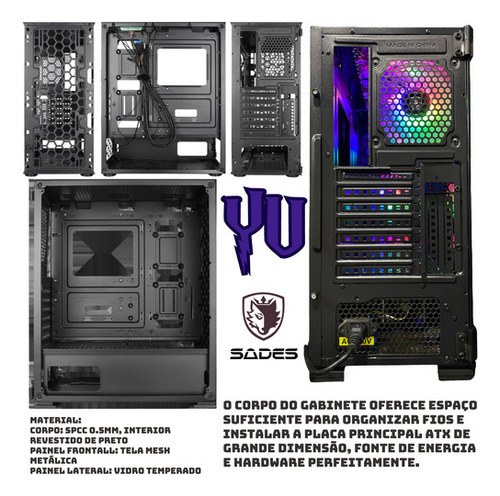 Gabinete de PC para juegos Sades Yu Rgb de vidrio templado, 4 ventiladores incluidos, puerta de vidrio templado Atx Rgb negra, alta compatibilidad, disipación de calor