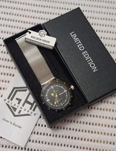 Relogio G H Golden Hour Aço Mesh Diver Militar Quartz 30m