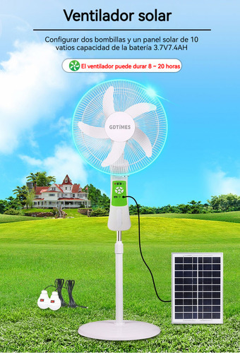Ventilador Solar Silencioso Recargable Con Luz Led Y Control Remoto 9 Velocidades Ajustables, Giratorio, Temporizador -para Oficina Hogar Y Camping
