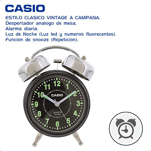 Despertador Digital Casio Vintage Tq362 Reloj Alarma Campana Color Negro