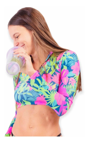 Remera Top Surf Uv Upf50+ C/pasante Dedo Tropical Mujer Mama