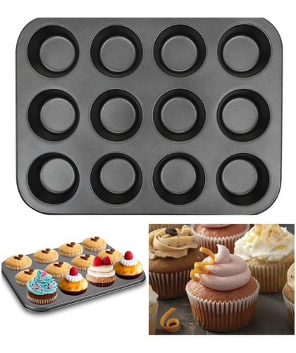 Molde De Teflon 12 Muffins Cupcakes Antiadherente 34.5x26 Cm