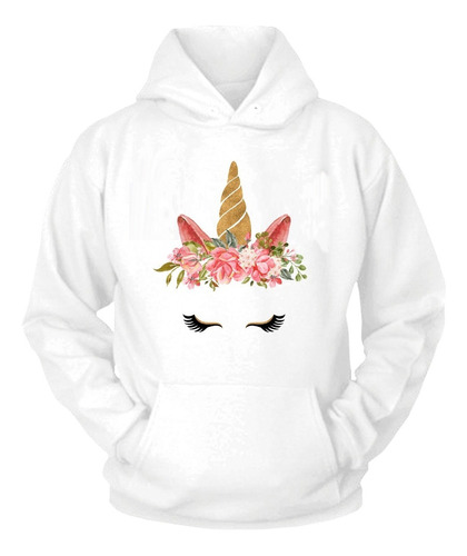 Sudadera Unisex Blanca Unicornio Rosa  Adulto Y  Niños