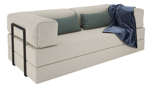 Colchão Casal 192cm Vira Sofá-cama 2 Lugares Bouclê Nude/bege Com Estrutura Metálica Estilo Nórdico Industrial Mod: Buble Caixa